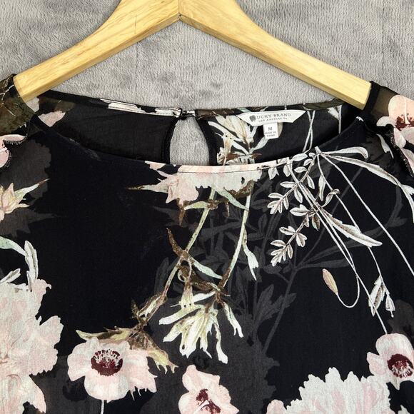 Lucky Brand Blouse Medium Dark Floral Black Pink Bell Sleeve Ruffle Whimsigoth - Picture 4 of 14